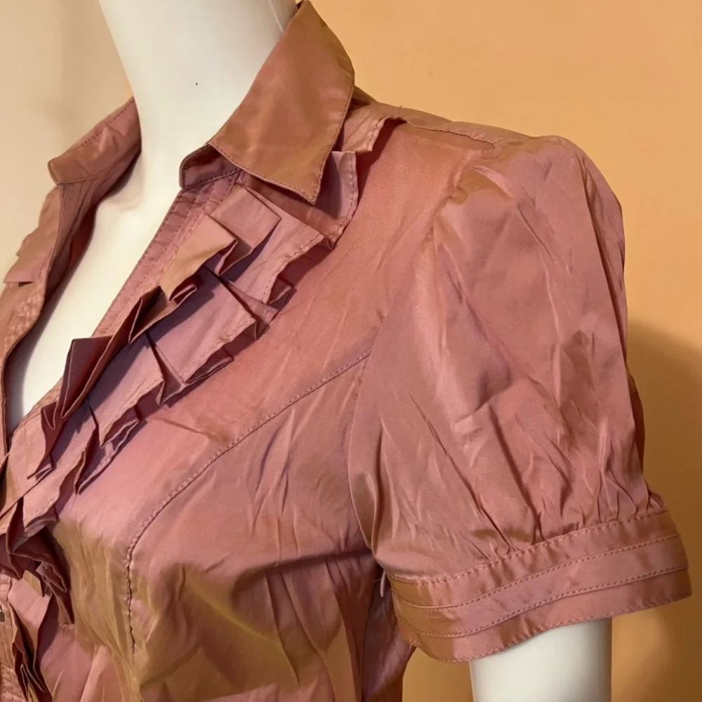 Express Metallic Rose Gold Ruffled V Neck Collar Button Down Blouse - Picture 4 of 7